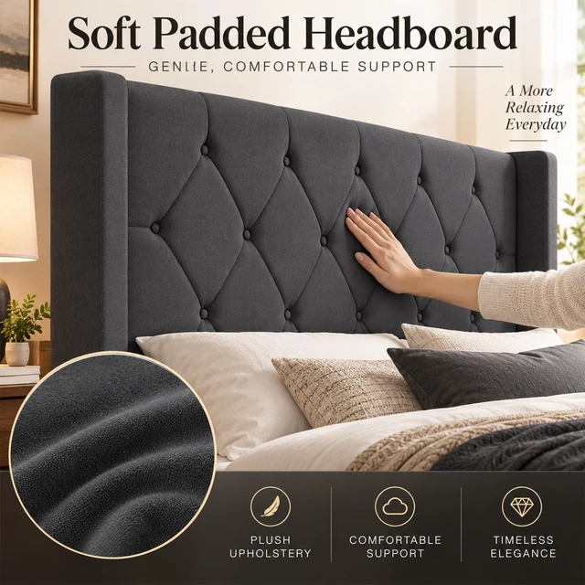 Alt view image 5 of 7 - Queen Size Platform Bed Frame with Tufted Velvet Headboard, Upholstered Bed with Slat Support Box Spring Needed Noise
