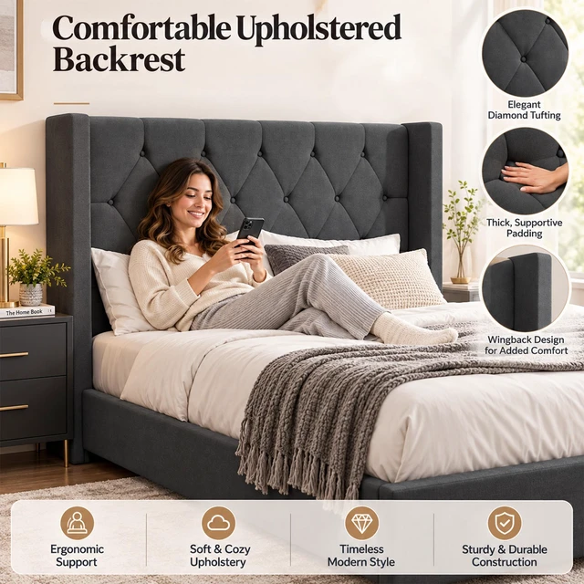 Alt view image 3 of 7 - Queen Size Platform Bed Frame with Tufted Velvet Headboard, Upholstered Bed with Slat Support Box Spring Needed Noise