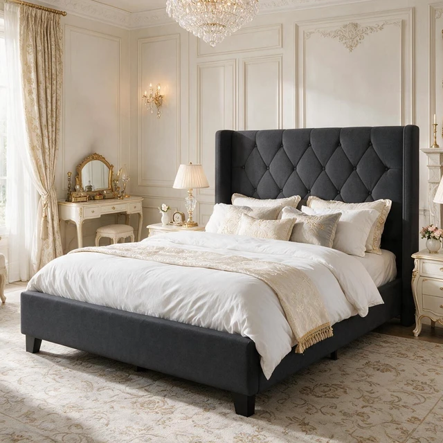 Alt view image 2 of 7 - Queen Size Platform Bed Frame with Tufted Velvet Headboard, Upholstered Bed with Slat Support Box Spring Needed Noise
