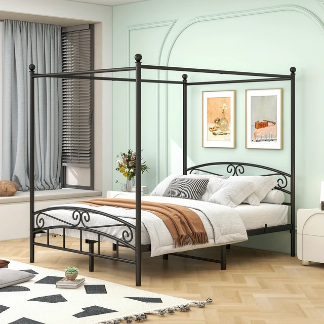 Alt view image 2 of 7 - Queen Size Metal Canopy Bed Frame with Headboard and Footboard, Black, Beds Frames Bases