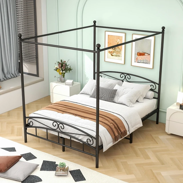 Alt view image 3 of 7 - Queen Size Metal Canopy Bed Frame with Headboard and Footboard, Black, Beds Frames Bases
