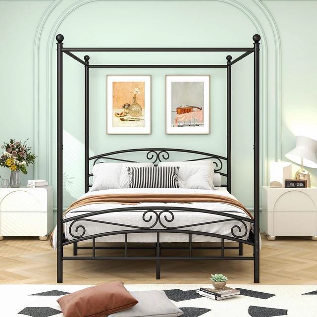 Main image of Queen Size Metal Canopy Bed Frame with Headboard and Footboard, Black, Beds Frames Bases