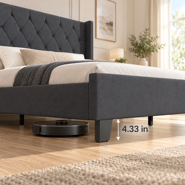 Alt view image 4 of 7 - Queen Size Platform Bed Frame with Tufted Velvet Headboard, Upholstered Bed with Slat Support Box Spring Needed Noise