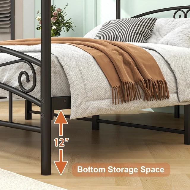 Alt view image 5 of 7 - Queen Size Metal Canopy Bed Frame with Headboard and Footboard, Black, Beds Frames Bases