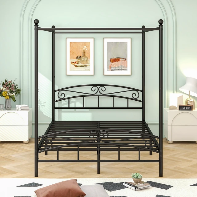 Alt view image 4 of 7 - Queen Size Metal Canopy Bed Frame with Headboard and Footboard, Black, Beds Frames Bases