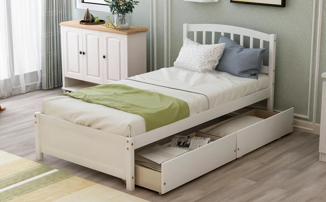 Alt view image 3 of 7 - Twin Platform Storage Bed Frame with Two Drawers and Headboard, Previous SKU, White, Solid Wood, Beds Frames Bases