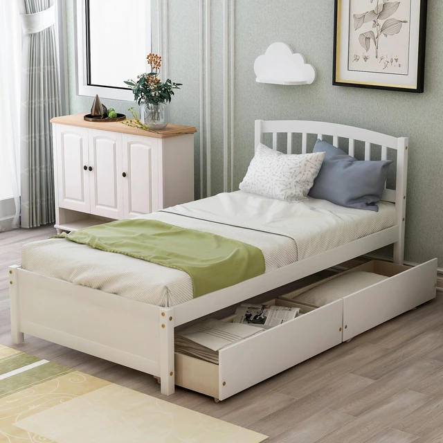 Main image of Twin Platform Storage Bed Frame with Two Drawers and Headboard, Previous SKU, White, Solid Wood, Beds Frames Bases
