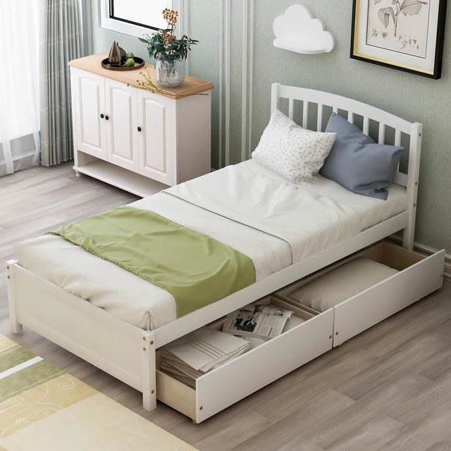 Alt view image 2 of 7 - Twin Platform Storage Bed Frame with Two Drawers and Headboard, Previous SKU, White, Solid Wood, Beds Frames Bases