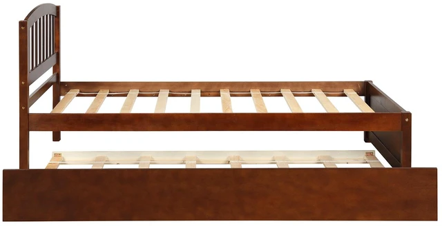Alt view image 5 of 7 - Twin Size Platform Bed Frame with Trundle, Walnut, Solid Wood, Beds Frames Bases