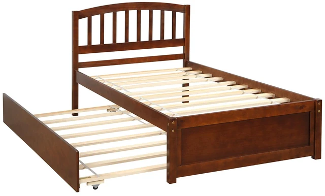 Alt view image 4 of 7 - Twin Size Platform Bed Frame with Trundle, Walnut, Solid Wood, Beds Frames Bases