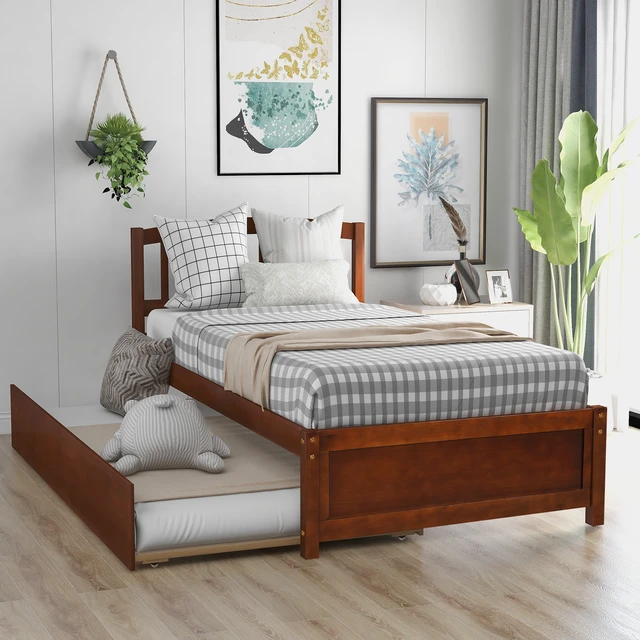 Main image of Twin Size Platform Bed Frame with Trundle, Walnut, Solid Wood, Beds Frames Bases