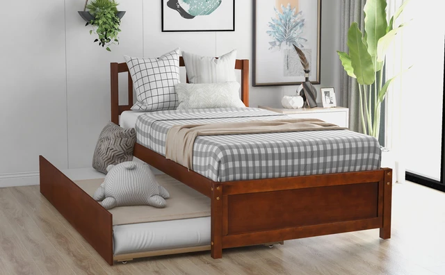 Alt view image 3 of 7 - Twin Size Platform Bed Frame with Trundle, Walnut, Solid Wood, Beds Frames Bases