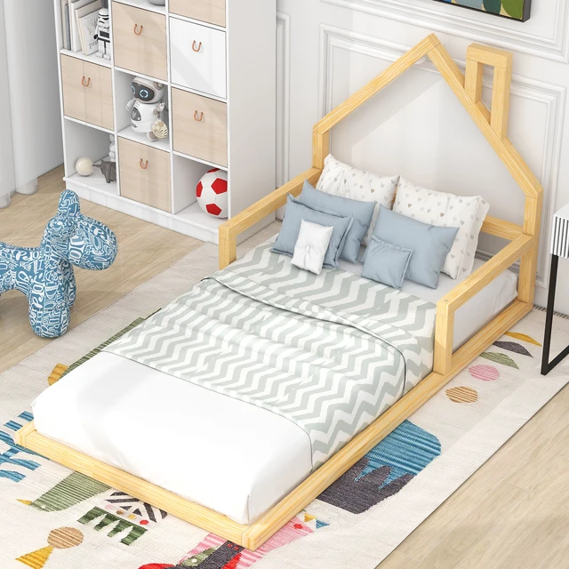 Alt view image 2 of 7 - Twin Size Floor Bed with Shaped Headboard, Natural, Solid Wood and MDF, Beds Frames Bases
