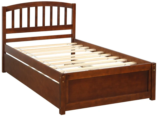 Alt view image 2 of 7 - Twin Size Platform Bed Frame with Trundle, Walnut, Solid Wood, Beds Frames Bases
