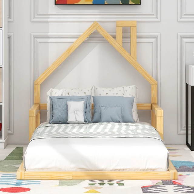 Alt view image 3 of 7 - Twin Size Floor Bed with Shaped Headboard, Natural, Solid Wood and MDF, Beds Frames Bases