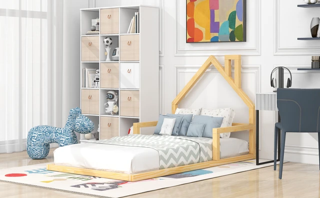Alt view image 4 of 7 - Twin Size Floor Bed with Shaped Headboard, Natural, Solid Wood and MDF, Beds Frames Bases