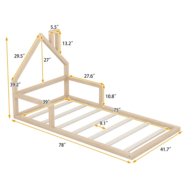 Alt view image 5 of 7 - Twin Size Floor Bed with Shaped Headboard, Natural, Solid Wood and MDF, Beds Frames Bases