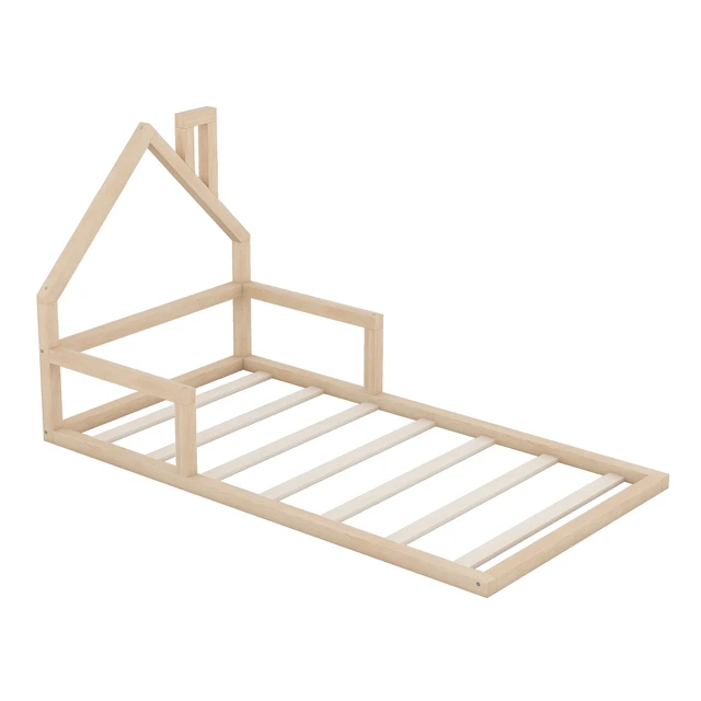 Alt view image 6 of 7 - Twin Size Floor Bed with Shaped Headboard, Natural, Solid Wood and MDF, Beds Frames Bases