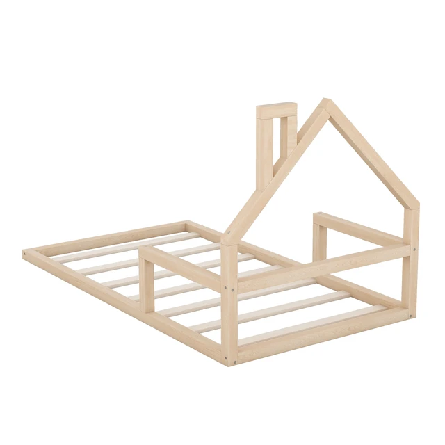 Alt view image 7 of 7 - Twin Size Floor Bed with Shaped Headboard, Natural, Solid Wood and MDF, Beds Frames Bases