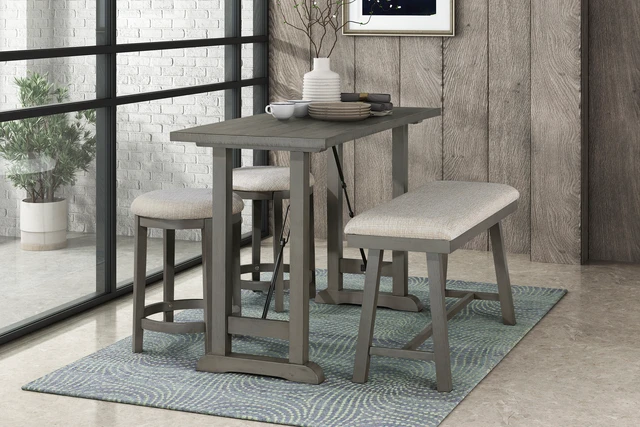 Alt view image 4 of 5 - Gray Finish Counter Height Bench Foam Cushioned Seat Design Kitchen Dining Furniture 1 pc, Light Gray, Wood, Benches