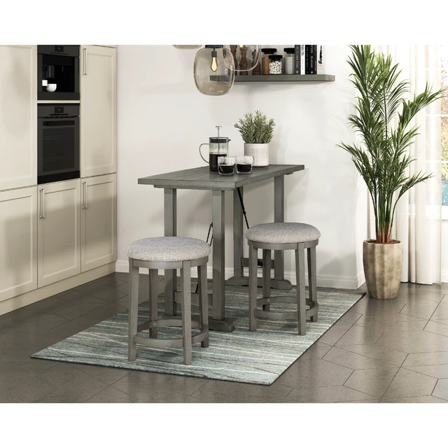 Alt view image 2 of 6 - Anab Counter Height Stool Set, Round Polyester Seat, Gray, Wood and Fabric, Benches Stools