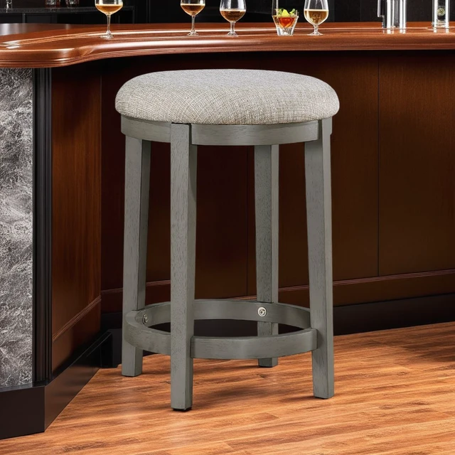 Alt view image 4 of 6 - Anab Counter Height Stool Set, Round Polyester Seat, Gray, Wood and Fabric, Benches Stools