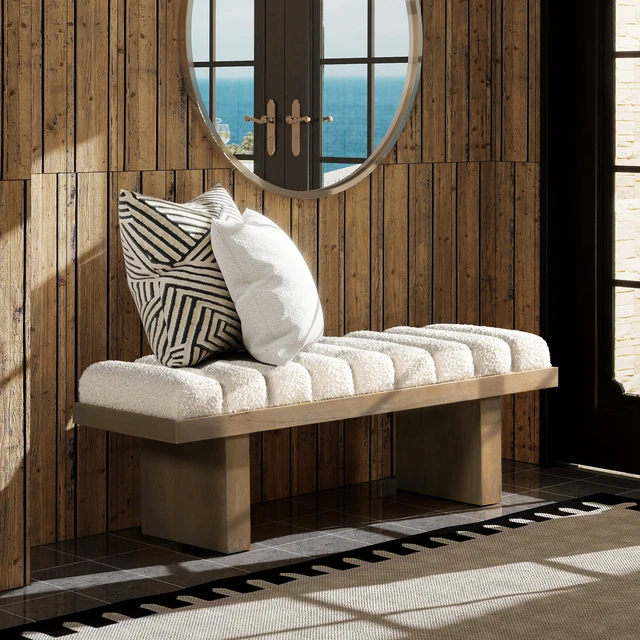Alt view image 2 of 7 - Bella 52 Inch Upholstered Accent Bench, Boucle, Ivory White, Benches Stools