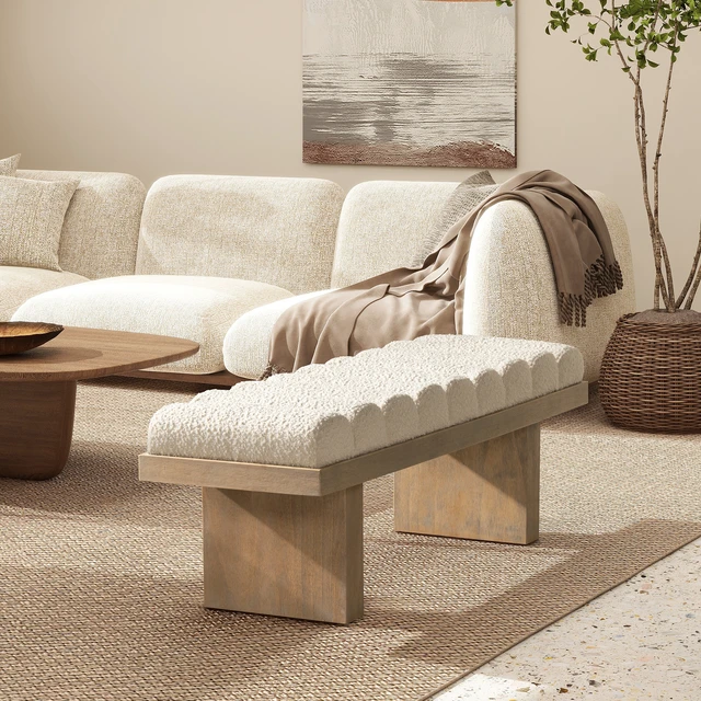 Alt view image 3 of 7 - Bella 52 Inch Upholstered Accent Bench, Boucle, Ivory White, Benches Stools
