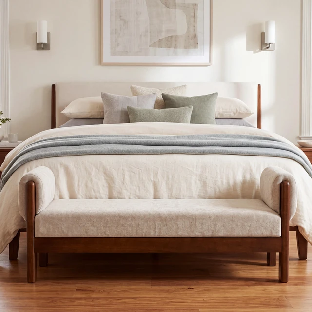 Alt view image 2 of 7 - 63 Inch Upholstered Accent Ottoman Bench, Mid-Century Solid Wood Frame Decorative End Bed Bench Soft Textured Fabric