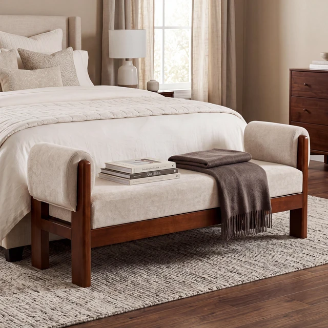 Main image of 63 Inch Upholstered Accent Ottoman Bench, Mid-Century Solid Wood Frame Decorative End Bed Bench Soft Textured Fabric