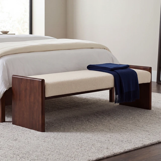 Alt view image 2 of 7 - 63 Inch Boucle Upholstered Decorative Ottoman Bench, Solid Rubber Side Panel Frame Accent Bench Long Ottoman for Bed