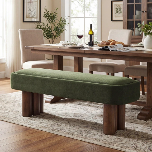 Main image of Indoor Green Fabric Dining Bench with Color Legs, Upholstered Seating for Kitchen Dining and Living Space 250 LBS