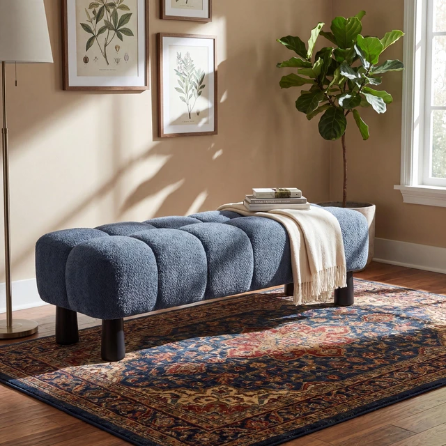 Main image of 62.6 Inch Upholstered Bench Ottoman, Plywood and Rubberwood Frame End Bed Bench Holds 350 LBS, Black Blue, Fabric