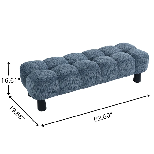 Alt view image 3 of 7 - 62.6 Inch Upholstered Bench Ottoman, Plywood and Rubberwood Frame End Bed Bench Holds 350 LBS, Black Blue, Fabric