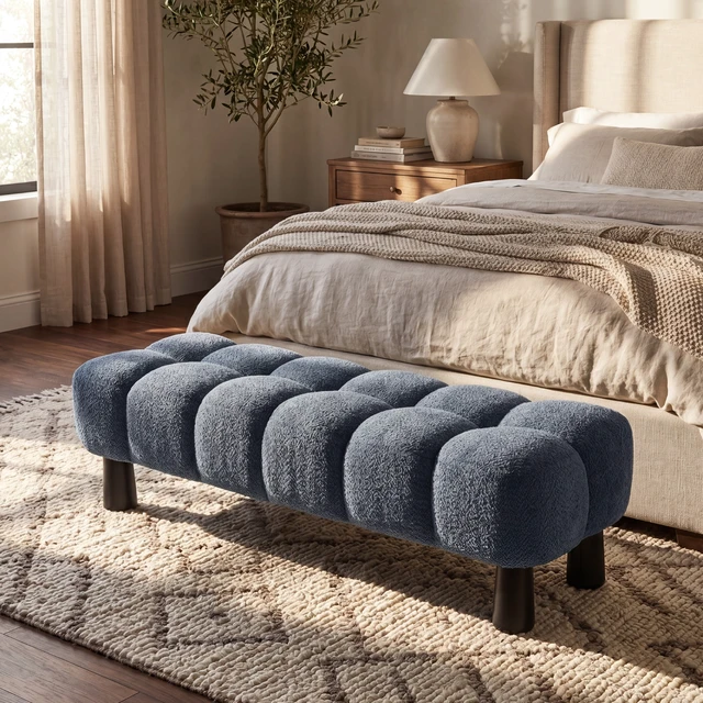 Alt view image 2 of 7 - 62.6 Inch Upholstered Bench Ottoman, Plywood and Rubberwood Frame End Bed Bench Holds 350 LBS, Black Blue, Fabric