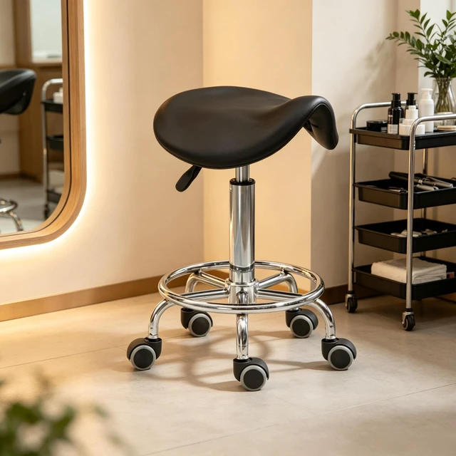 Alt view image 2 of 7 - Adjustable Rolling Saddle Stoolpu Leather Swivel Chair with Wheels, Ergonomic Work Stool for Massage Spa Clinic Beauty