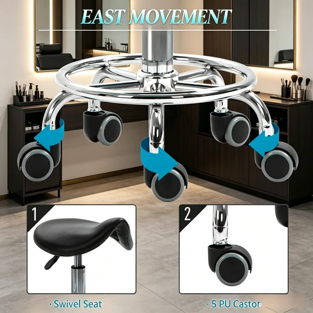 Alt view image 4 of 7 - Adjustable Rolling Saddle Stoolpu Leather Swivel Chair with Wheels, Ergonomic Work Stool for Massage Spa Clinic Beauty