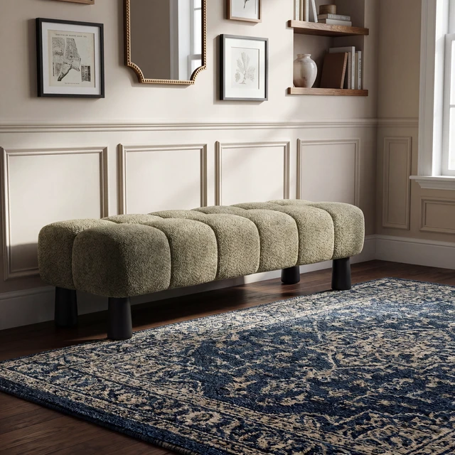 Alt view image 2 of 7 - 62.6 Inch Upholstered Bench Ottoman, Plywood and Rubberwood Frame End Bed Bench Holds 350 LBS, Green, Fabric, Plywood