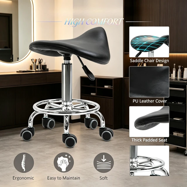 Alt view image 3 of 7 - Adjustable Rolling Saddle Stoolpu Leather Swivel Chair with Wheels, Ergonomic Work Stool for Massage Spa Clinic Beauty