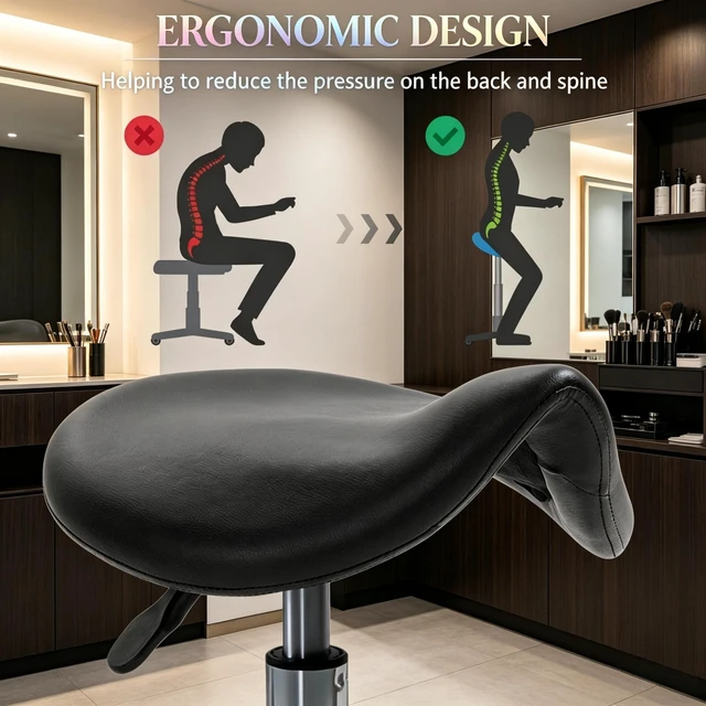 Alt view image 6 of 7 - Adjustable Rolling Saddle Stoolpu Leather Swivel Chair with Wheels, Ergonomic Work Stool for Massage Spa Clinic Beauty