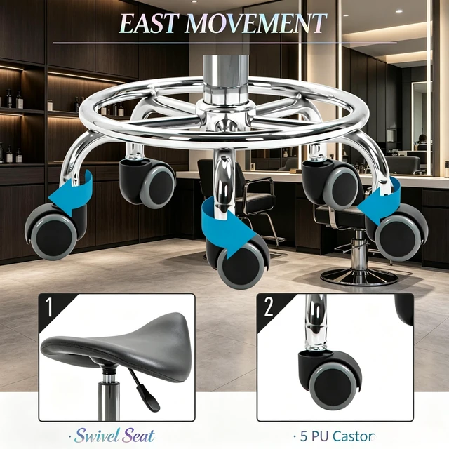 Alt view image 3 of 7 - Adjustable Rolling Saddle Stoolpu Leather Swivel Chair with Wheels, Ergonomic Work Stool for Massage Spa Clinic Beauty