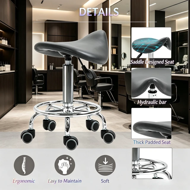 Alt view image 6 of 7 - Adjustable Rolling Saddle Stoolpu Leather Swivel Chair with Wheels, Ergonomic Work Stool for Massage Spa Clinic Beauty