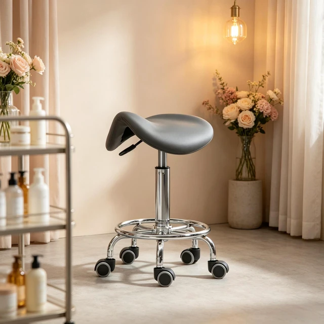 Alt view image 4 of 7 - Adjustable Rolling Saddle Stoolpu Leather Swivel Chair with Wheels, Ergonomic Work Stool for Massage Spa Clinic Beauty