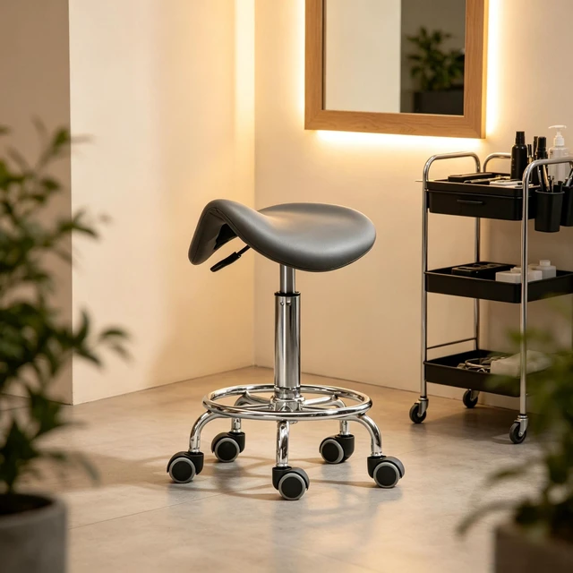 Alt view image 2 of 7 - Adjustable Rolling Saddle Stoolpu Leather Swivel Chair with Wheels, Ergonomic Work Stool for Massage Spa Clinic Beauty