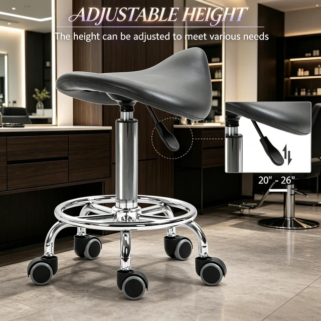 Alt view image 5 of 7 - Adjustable Rolling Saddle Stoolpu Leather Swivel Chair with Wheels, Ergonomic Work Stool for Massage Spa Clinic Beauty