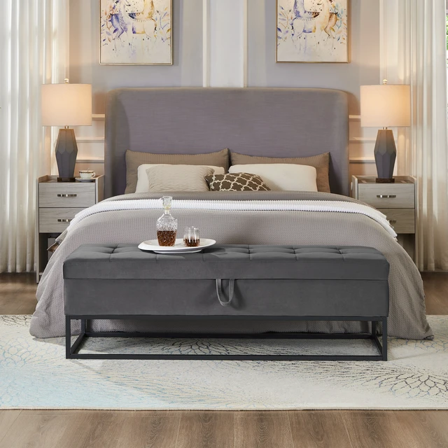 Alt view image 2 of 7 - 58.6 Inch Bed Bench Metal Base with Storage Velvet, Grey, Benches Stools