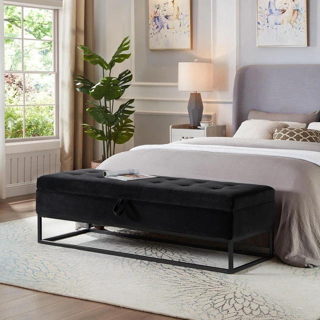 Main image of 58.6 Inch Bed Bench Metal Base with Storage Velvet, Black, Benches Stools