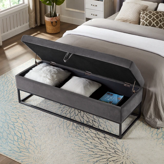 Alt view image 3 of 7 - 58.6 Inch Bed Bench Metal Base with Storage Velvet, Grey, Benches Stools