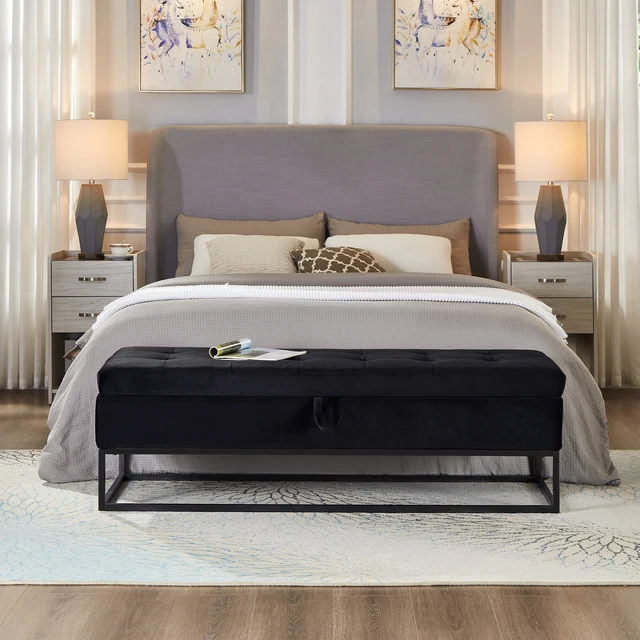 Alt view image 2 of 7 - 58.6 Inch Bed Bench Metal Base with Storage Velvet, Black, Benches Stools