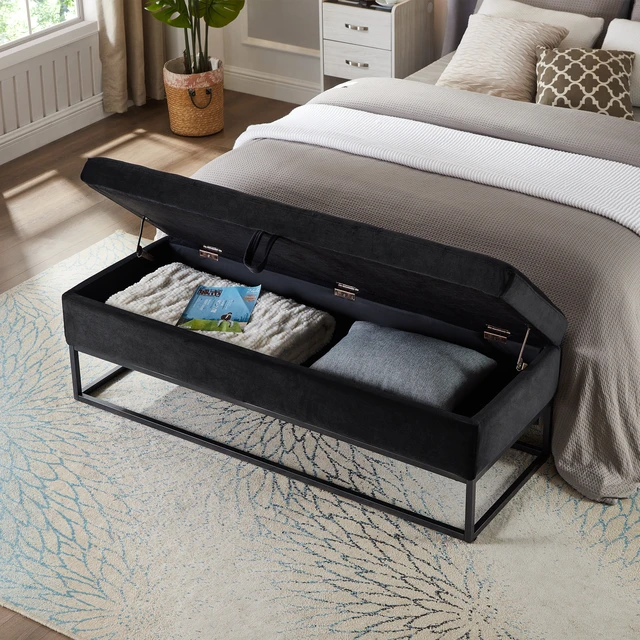 Alt view image 3 of 7 - 58.6 Inch Bed Bench Metal Base with Storage Velvet, Black, Benches Stools